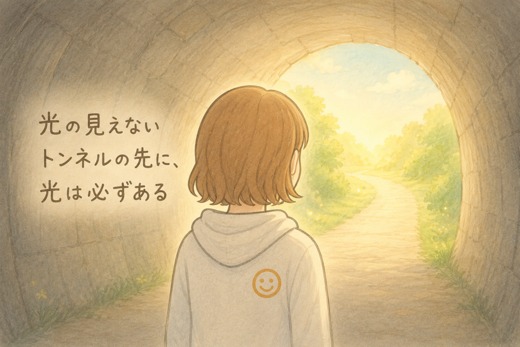 施設入所を考え始めたころの不安を表すように、トンネルの中から明るい出口を見つめるえくぼキャラのイラスト