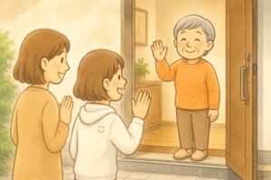 グループホームの玄関で母が笑顔で手を振り、娘たちが振り返しながら見送る、あたたかな別れの場面を描いた水彩風イラスト。