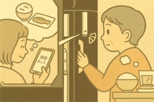 えくぼがスマホ通知を確認し、ショートカットの母を見守る台所のシーン