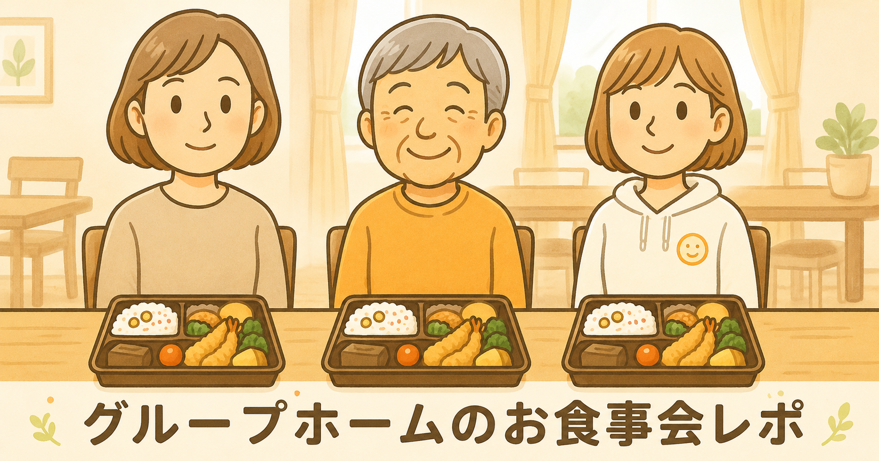 グループホームのお食事会で、母と家族が食事を前に並んで座る水彩風アイキャッチ画像。