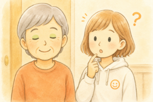 グリーンのアイシャドウをした母が微笑み、娘が驚いたような表情で見つめている水彩風イラスト。