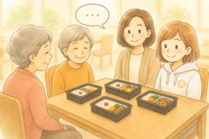 グループホームのお食事会で、母と女性の入居者、家族が一緒に食卓を囲み、あたたかな時間を過ごしている水彩風イラスト。