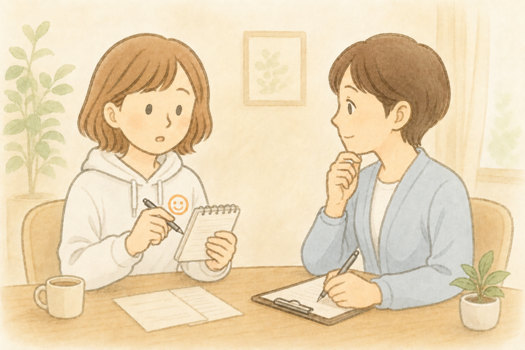 娘がメモを見ながら、調査員に母の普段の様子を伝えているイラスト