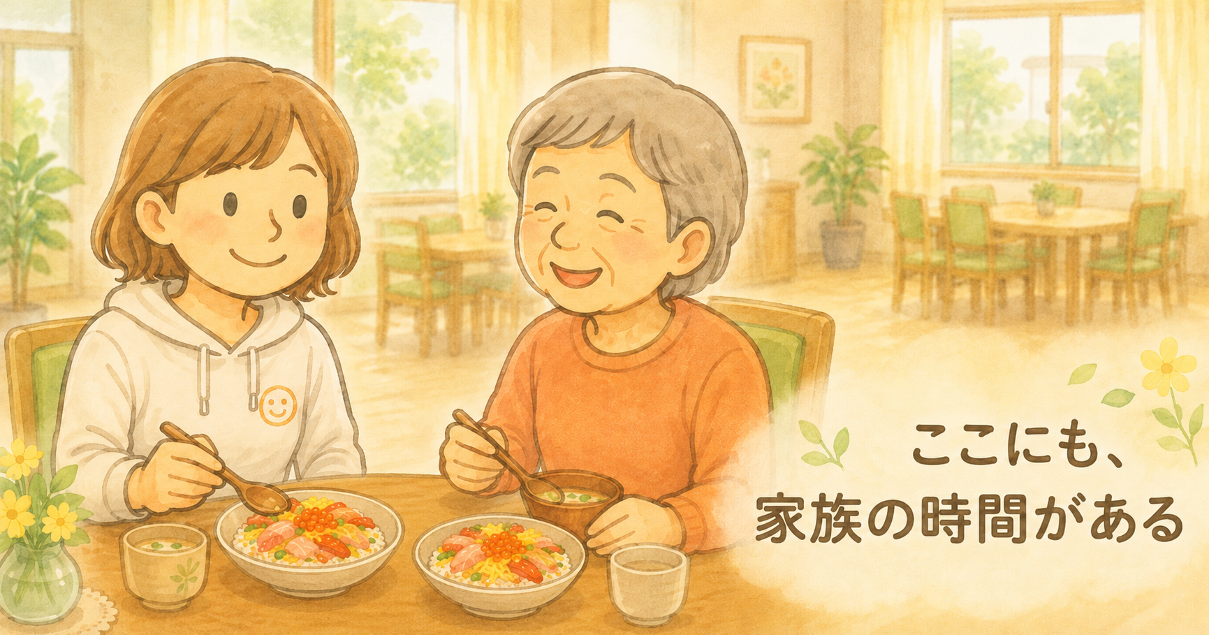 グループホームの食堂で、ちらし寿司を前に笑顔で過ごす母と娘の水彩風イラスト。