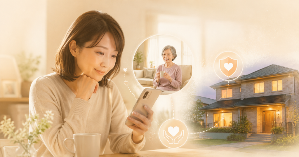 スマートフォンで離れて暮らす親の様子を確認しながら、もしもの時の備えについて考える女性のイラスト。