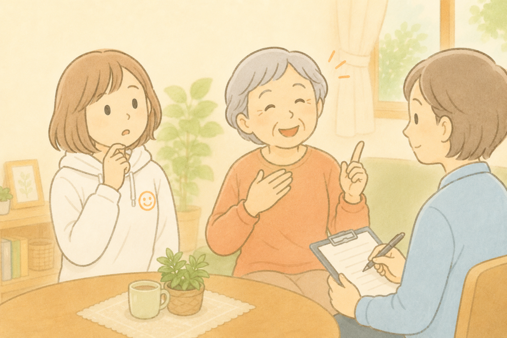 認定調査で母が普段より元気そうに答える様子に、娘が驚いているイラスト