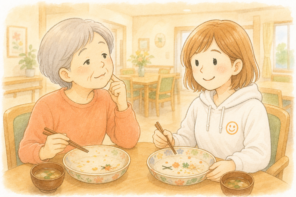 グループホームのお食事会で、母が「まあまあ」と言いながら完食した場面を、娘があたたかく見守っている水彩風イラスト。