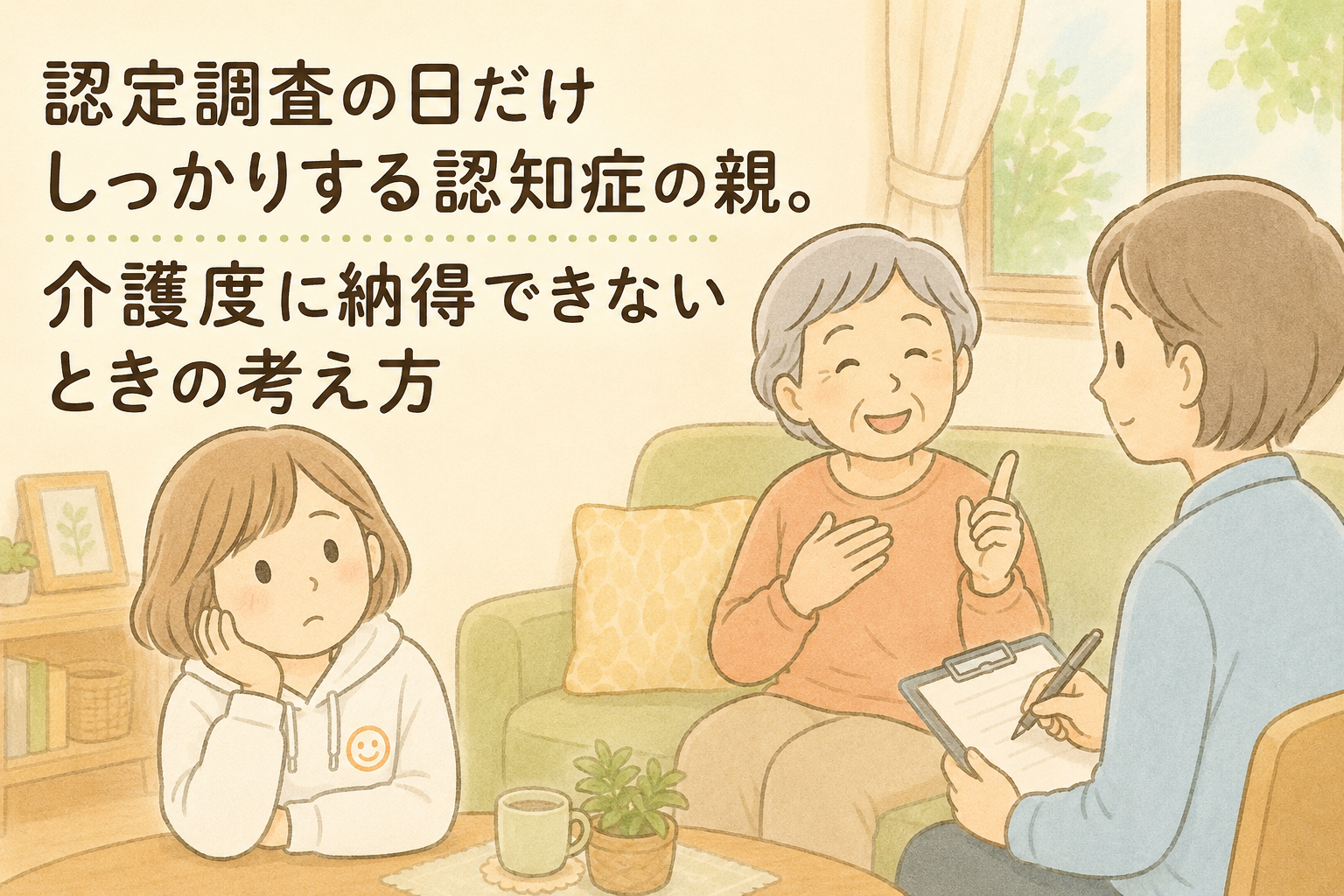 要介護認定の調査で、母がしっかり受け答えする様子を見て娘が戸惑っているイラスト