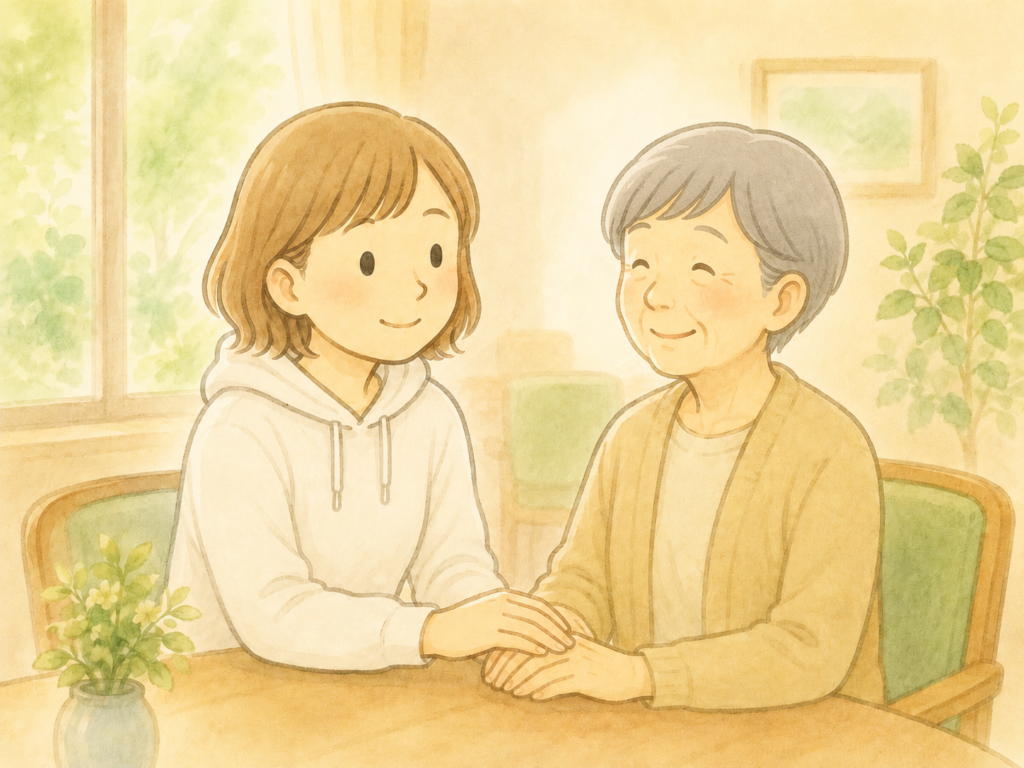 施設の面会で、笑顔の母の手にそっと触れるえくぼの水彩イラスト