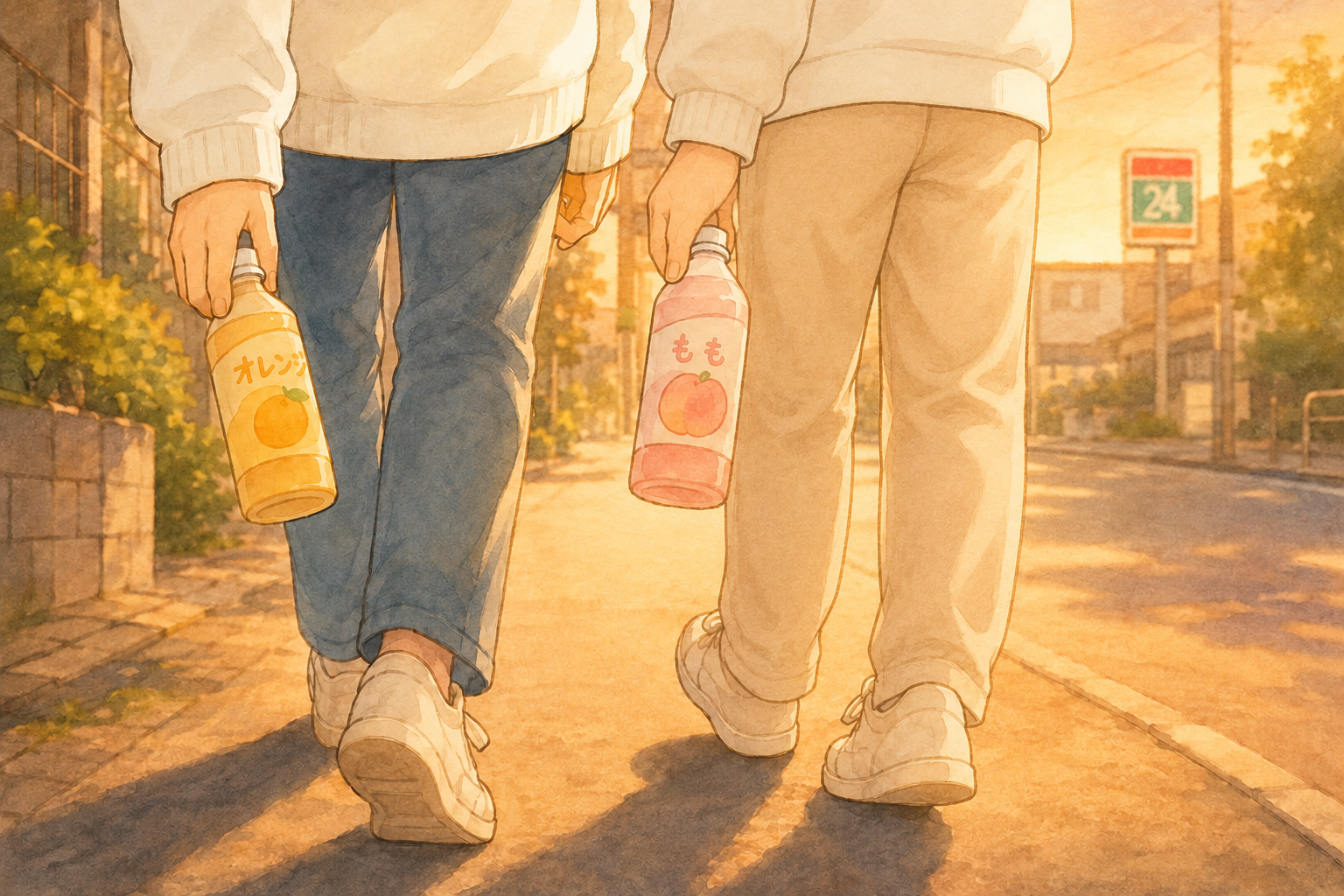 夕方の帰り道、ジュースを手に並んで歩く親子の手元と足元の水彩イラスト