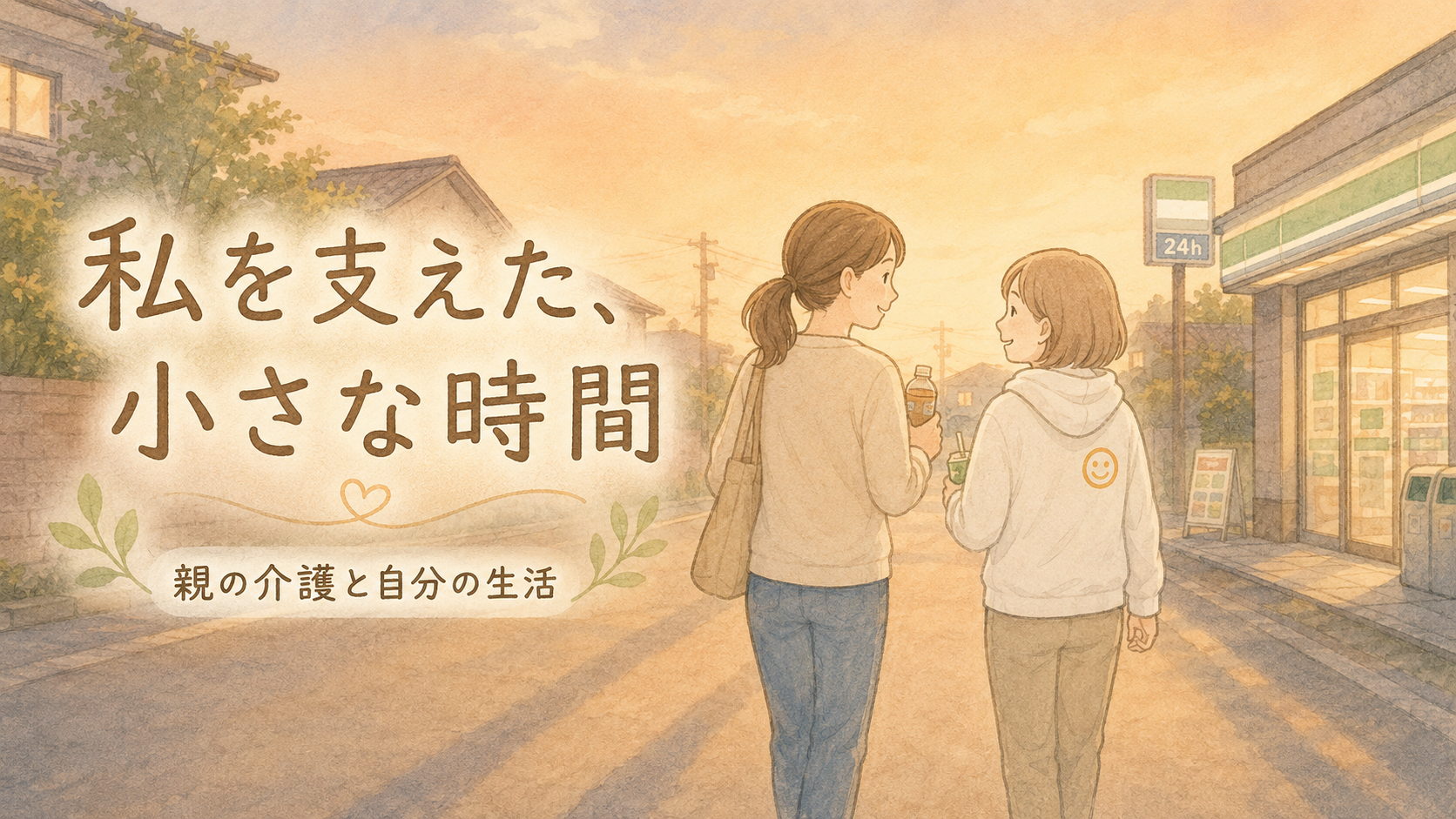 夕暮れの住宅街を、白いパーカー姿の女性2人が並んで歩くアイキャッチイラスト