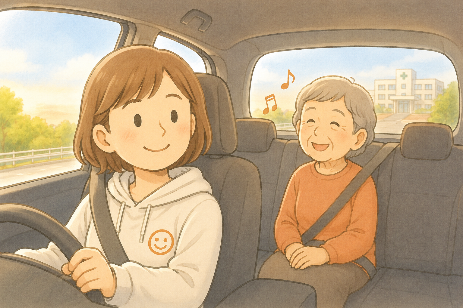 通院へ向かう車内で、後部座席の母が窓の外を眺めながら鼻歌を歌い、運転席の娘が穏やかに見守っているイラスト。
