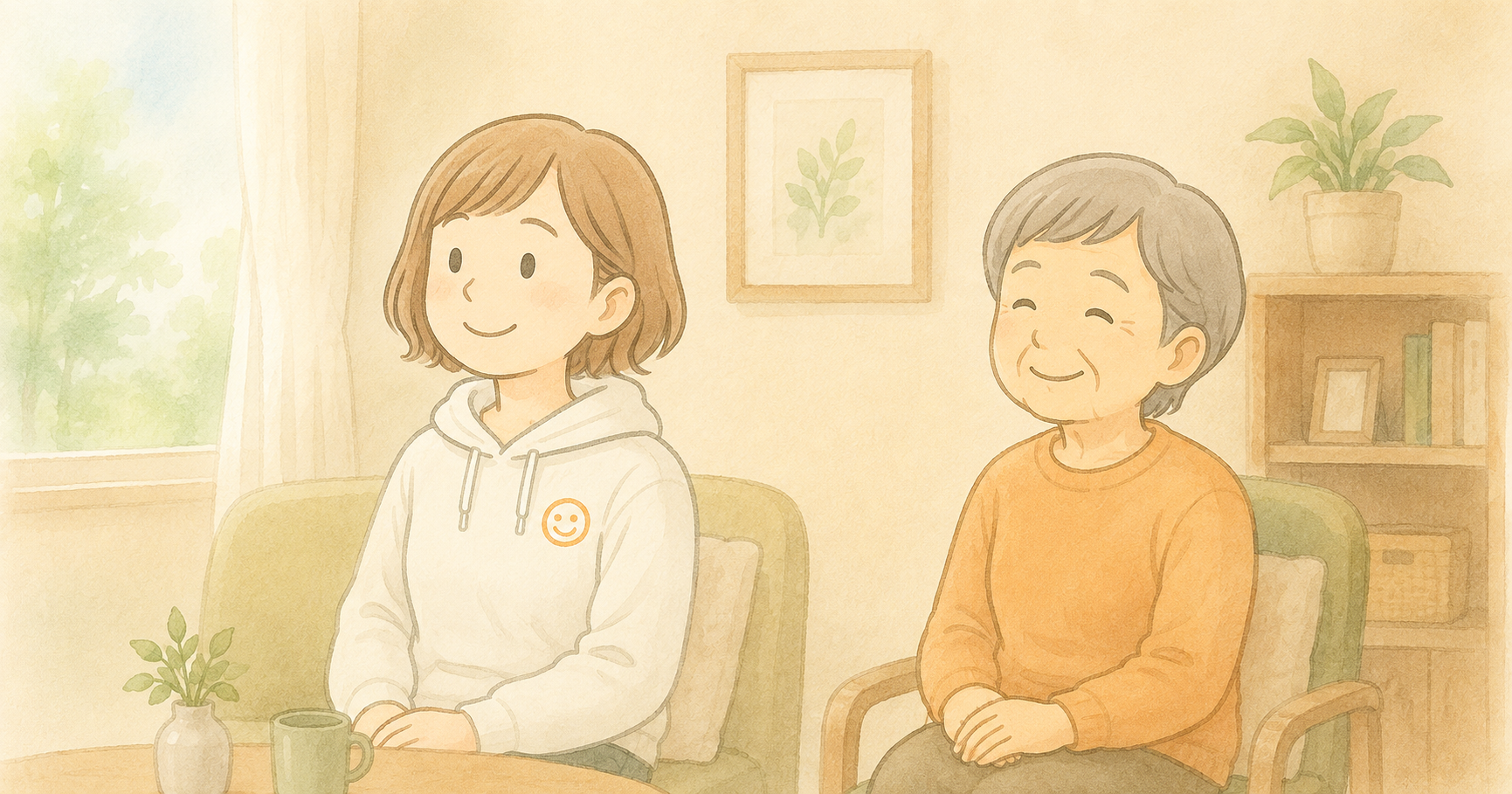 少し距離を置いて穏やかに過ごす母と娘のイメージイラスト